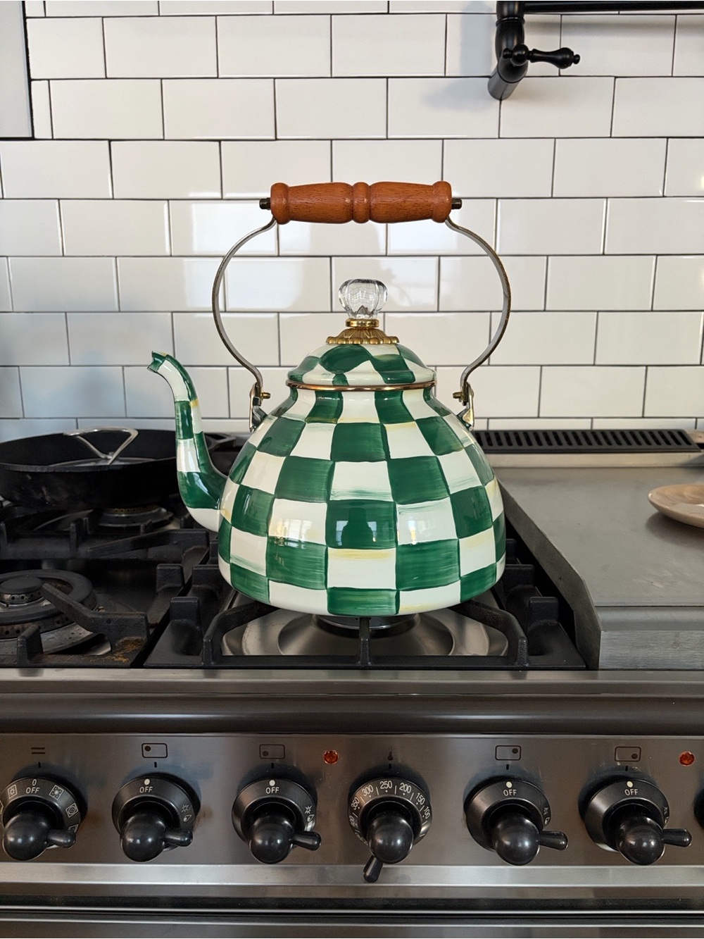 MacKenzie-Childs Green and White Emerald Check Tea Kettle 3 Qts